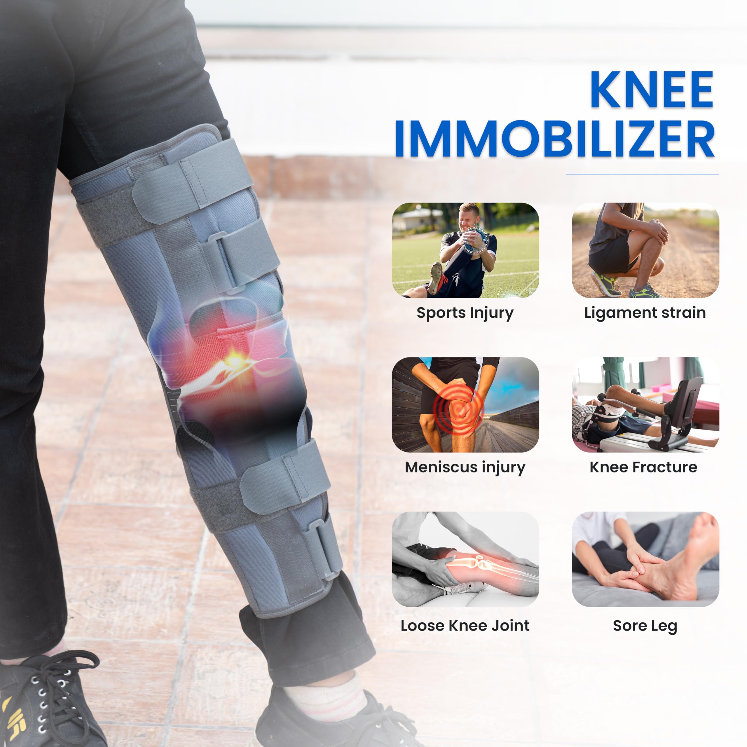 Wonder Care Knee Immobilizer Brace for Knee support for dislocation injuries ligament tear wraparound knee stabilizer splint for men & women (19” long) Grey-Small