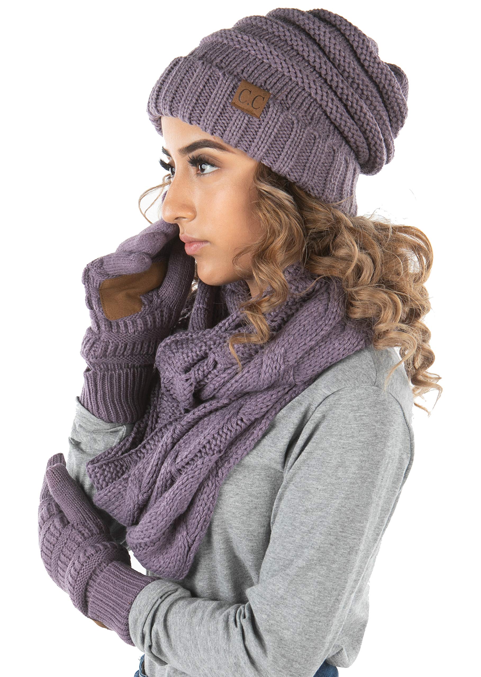 Funky Junque Oversized Beanie, Glove, & Scarf Bundle: Violet