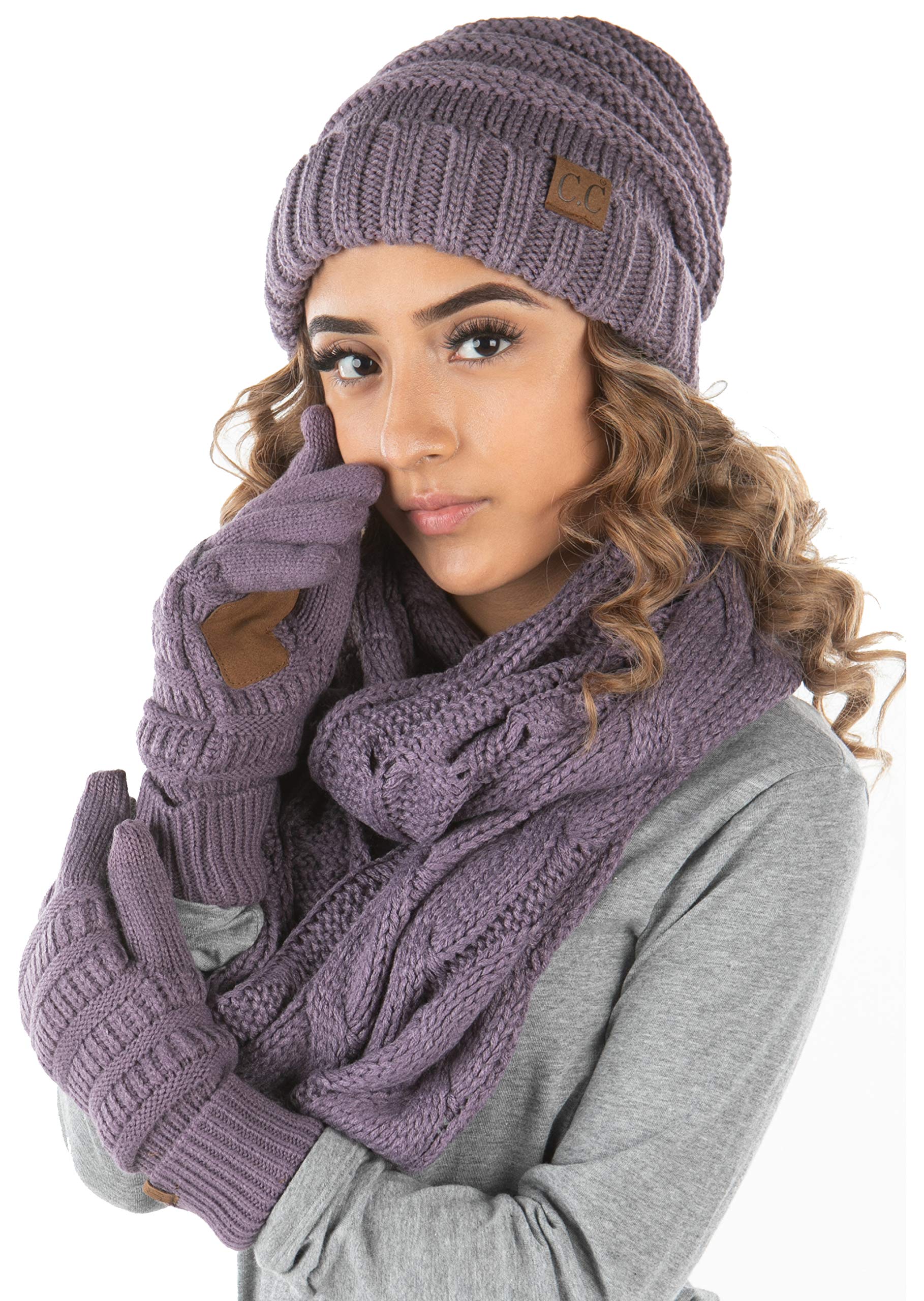 Funky Junque Oversized Beanie, Glove, & Scarf Bundle: Violet