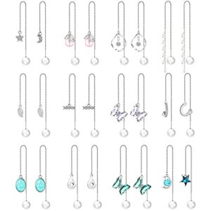 12 pairs threader earrings set lightweight wave threader dangle drop earrings long chain earrings for women girls (silver)