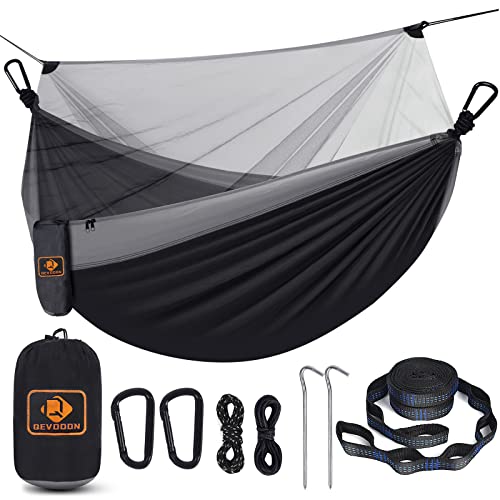 Qevooon Camping Hammock with Net,Travel Portable Lightweight Hammocks with Tree Straps and Solid D-Shape Carabiners,Parachute Nylon Hammock for Outsides Backpacking Beach Backyard Patio Hiking