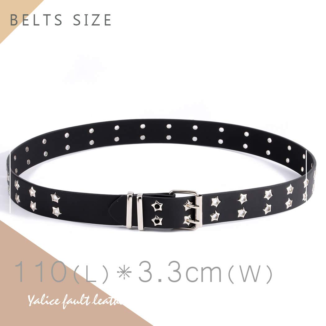 Yalice Double Grommet Leather Belts for Women Star Studded Belt for Jeans Pants Punk Waist Belt for Men (Black)