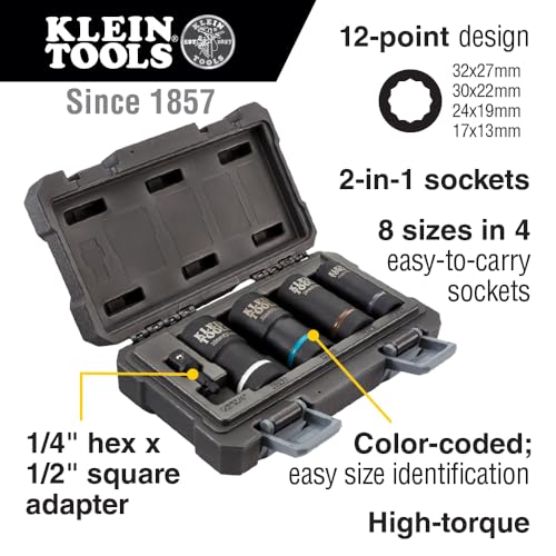 Klein Tools 66050E Metric Socket Set, Impact with 1/2-Inch Drive, 12-Point Deep Sockets, 5-Piece Set, Includes Carrying Case