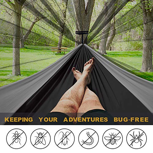 Qevooon Camping Hammock with Net,Travel Portable Lightweight Hammocks with Tree Straps and Solid D-Shape Carabiners,Parachute Nylon Hammock for Outsides Backpacking Beach Backyard Patio Hiking