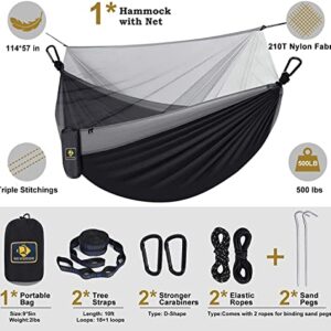 Qevooon Camping Hammock with Net,Travel Portable Lightweight Hammocks with Tree Straps and Solid D-Shape Carabiners,Parachute Nylon Hammock for Outsides Backpacking Beach Backyard Patio Hiking