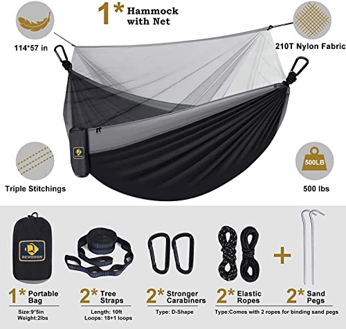 Qevooon Camping Hammock with Net,Travel Portable Lightweight Hammocks with Tree Straps and Solid D-Shape Carabiners,Parachute Nylon Hammock for Outsides Backpacking Beach Backyard Patio Hiking