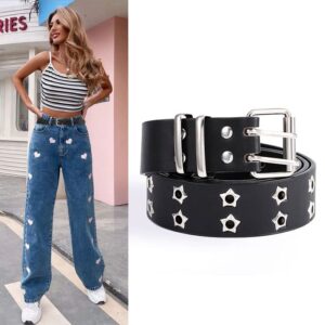 Yalice Double Grommet Leather Belts for Women Star Studded Belt for Jeans Pants Punk Waist Belt for Men (Black)