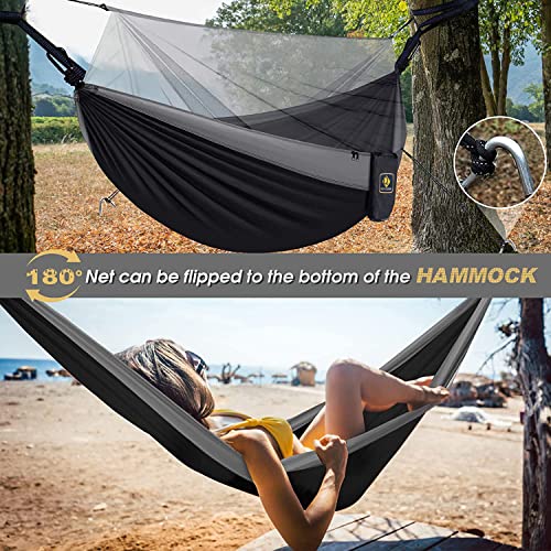 Qevooon Camping Hammock with Net,Travel Portable Lightweight Hammocks with Tree Straps and Solid D-Shape Carabiners,Parachute Nylon Hammock for Outsides Backpacking Beach Backyard Patio Hiking