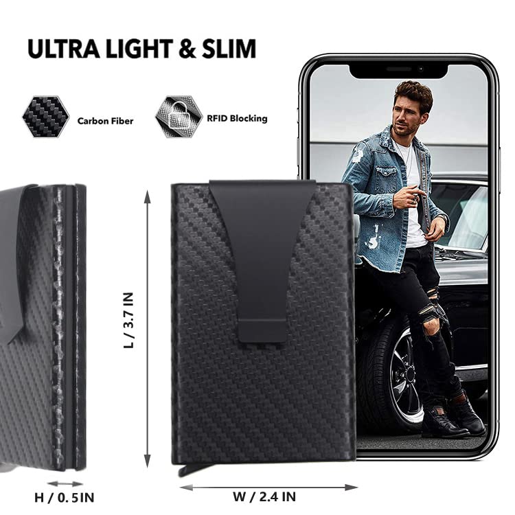 YWHBK Men Credit Card Holder, Metal Money Clip,Carbon Fiber Leather Slim Wallets for Men, Mens RFID Blocking Auto Pop up Front Pocket Small Card Case Wallet (Carbon Fiber black)