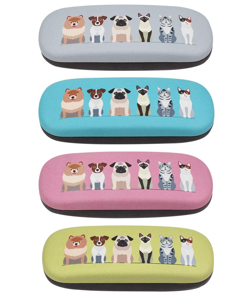 JAVOedge [4 PACK], Printed Front and Back Dogs Pattern Durable Hard Clamshell Eyeglass Storage Case w/Microfiber Cloth