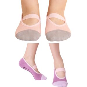 aprilaugust non skid grip cotton socks for kids, perfect for daily wear, yoga, dance, barre, ballet (us, age, 4 years, 7 years, pink s kids + purple s mom)