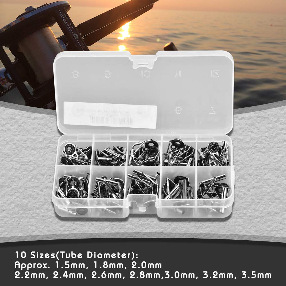 Health Gear Fishing Rod Guides, Fishing Rod Tip Repair DIY Kit 80Pcs Stainless Steel Ceramic Fishing Rod Tips Repair Accessory, 10 Sizes in a Box