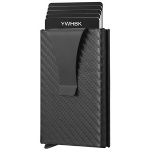 YWHBK Men Credit Card Holder, Metal Money Clip,Carbon Fiber Leather Slim Wallets for Men, Mens RFID Blocking Auto Pop up Front Pocket Small Card Case Wallet (Carbon Fiber black)