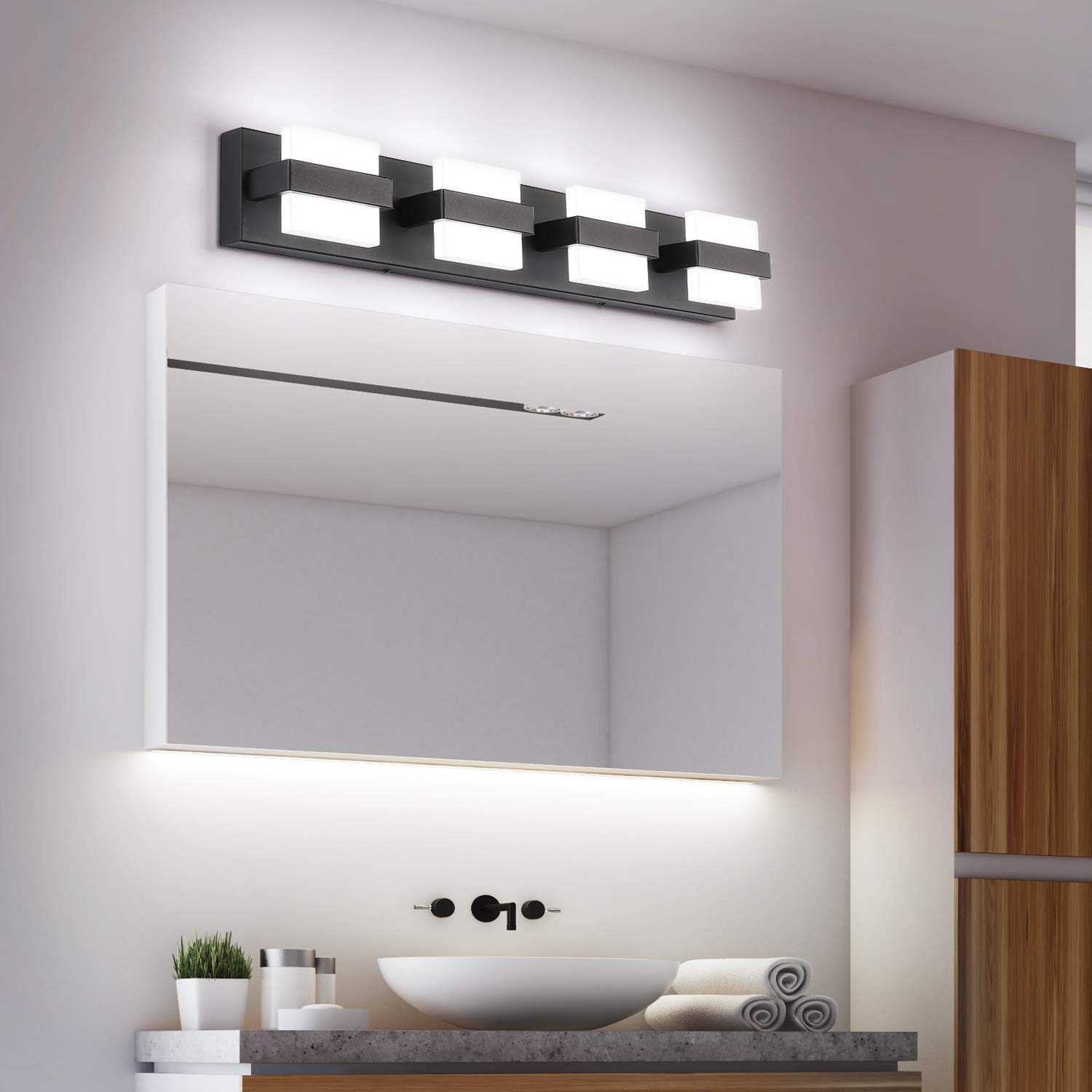 SOLFART Dimmable LED Bathroom Modern Vanity Lights Over Mirror 4 Lights Acrylic Black Bath Wall Lighting(7248-4T-WHL-BK)