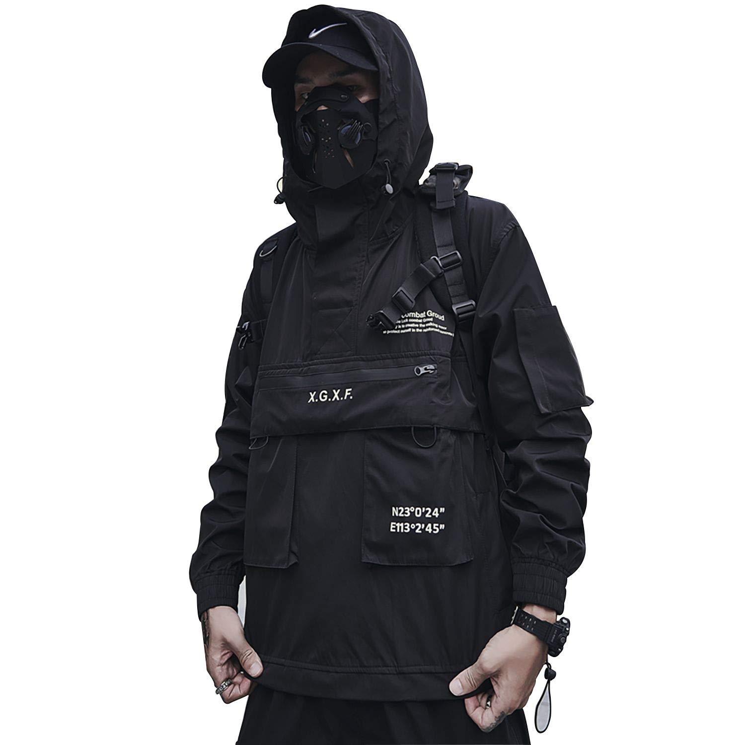 MFCT Men's Techwear Waterproof Windbreaker with Funnel Hoodie [Medium]