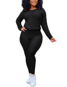 jogging suits for women, textured tracksuit long sleeve pullover shirt and pants 2 piece outfits set black l