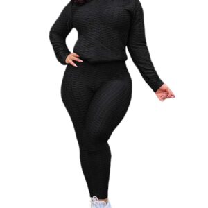 Jogging Suits for Women, Textured Tracksuit Long Sleeve Pullover Shirt and Pants 2 Piece Outfits Set Black L