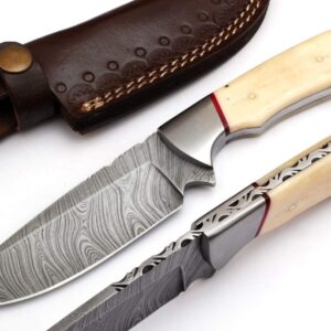 RANDY Damascus Steel Hunting Knife Best Damascus Skinning for Hunting and Camping Knife With Leather Sheath (9022) Over all 9 inches