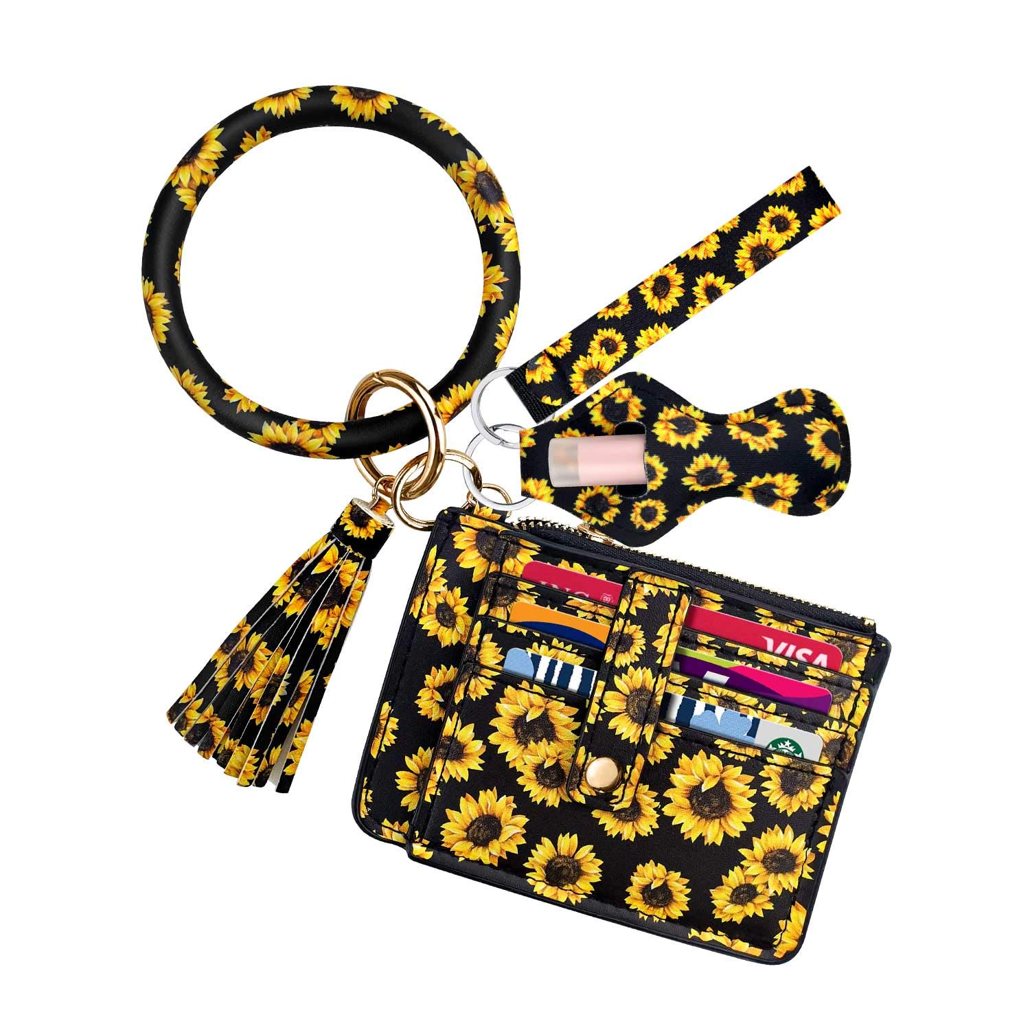 Sunflower Wallet Wristlet Circle Key Ring Bangle Card Pocket Zippered Sunflower Purse Sunflower Keychain Chapstick Holder for Car (Sunflower)