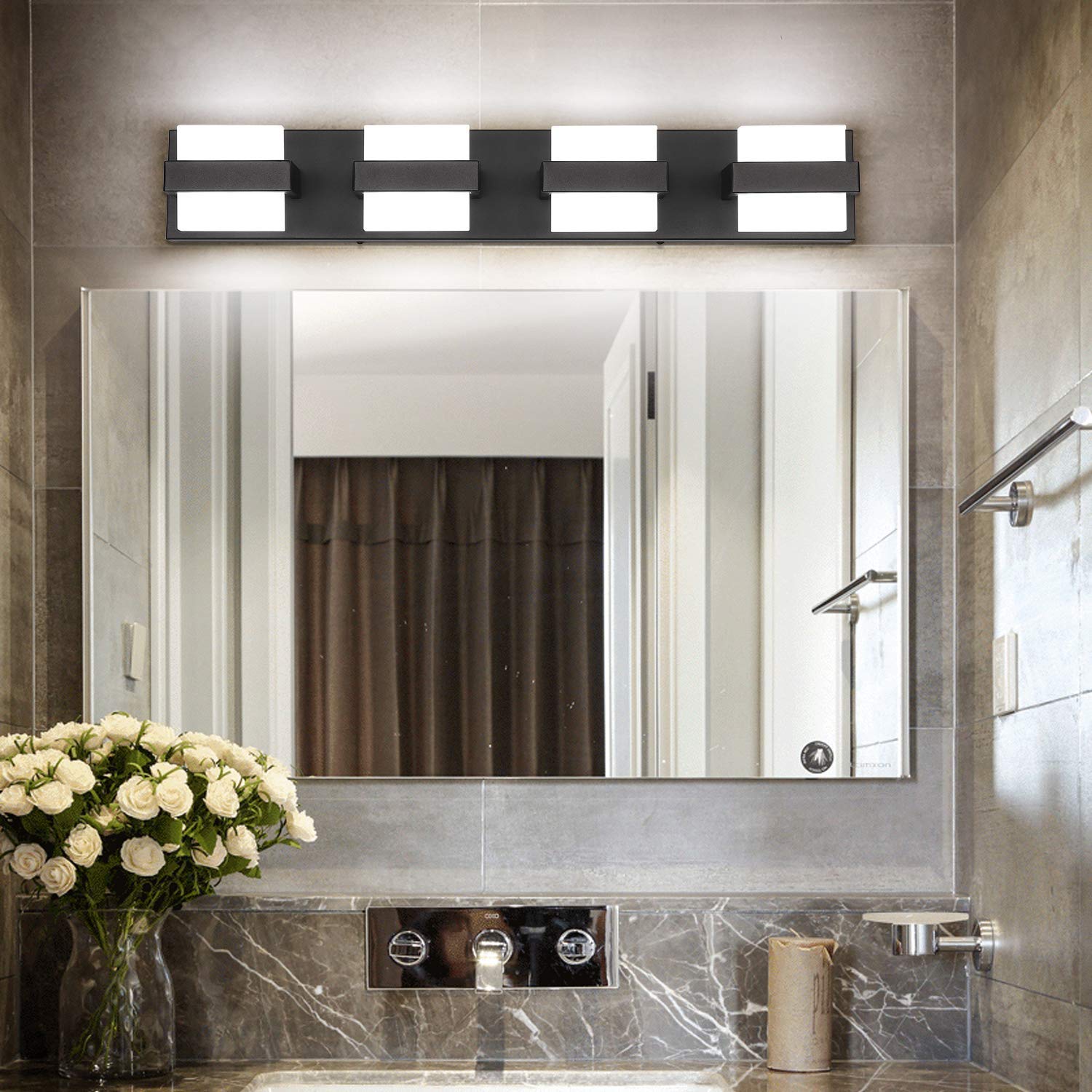 SOLFART Dimmable LED Bathroom Modern Vanity Lights Over Mirror 4 Lights Acrylic Black Bath Wall Lighting(7248-4T-WHL-BK)