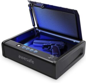 awesafe gun safe, updated biometric gun safe for pistols, quick access pistol safe fingerprint handgun safe with keys and keypad, beside gun lock box for home (keypad only)