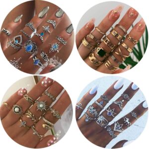 49Pcs Vintage Crystal Knuckle Rings Set Gemstone Boho Stackable Finger Rings Midi Ring for Women Hollow Carved Flowers Gold&Silver Ring Crystal Joint Rings