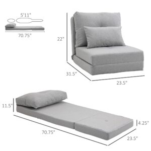 HOMCOM Convertible Flip Chair, Floor Lazy Sofa, Folding Upholstered Couch Bed with Adjustable Backrest, Metal Frame and Pillows for Living Room Bedroom, Light Grey