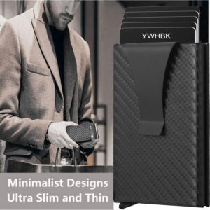 YWHBK Men Credit Card Holder, Metal Money Clip,Carbon Fiber Leather Slim Wallets for Men, Mens RFID Blocking Auto Pop up Front Pocket Small Card Case Wallet (Carbon Fiber black)