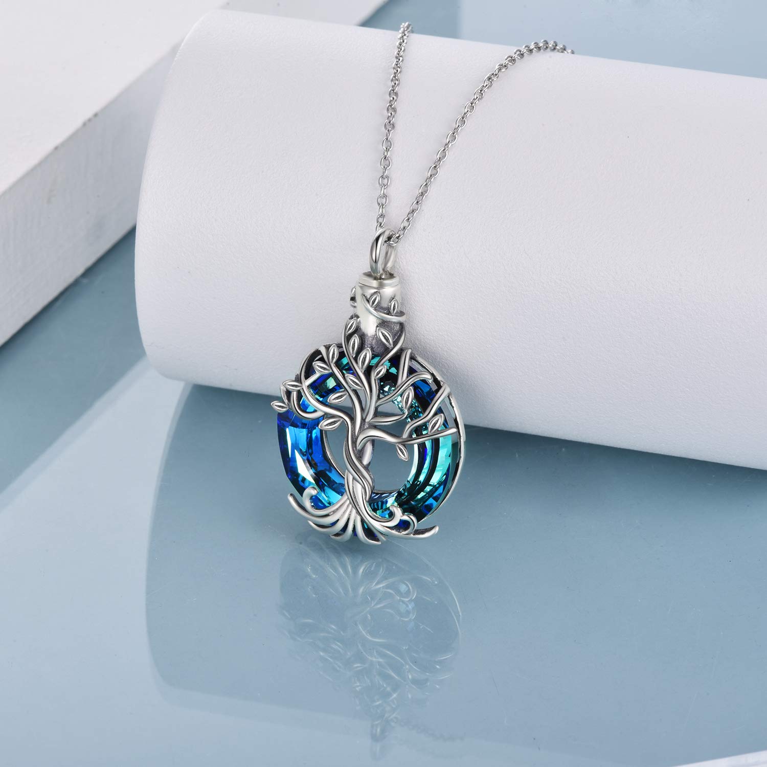 TOUPOP Cremation Jewelry Sterling Silver Tree of Life Urn Necklace for Ashes with Blue Circle Crystal Keepsake Jewelry w/Funnel Filler Gifts for Women Girls Friend