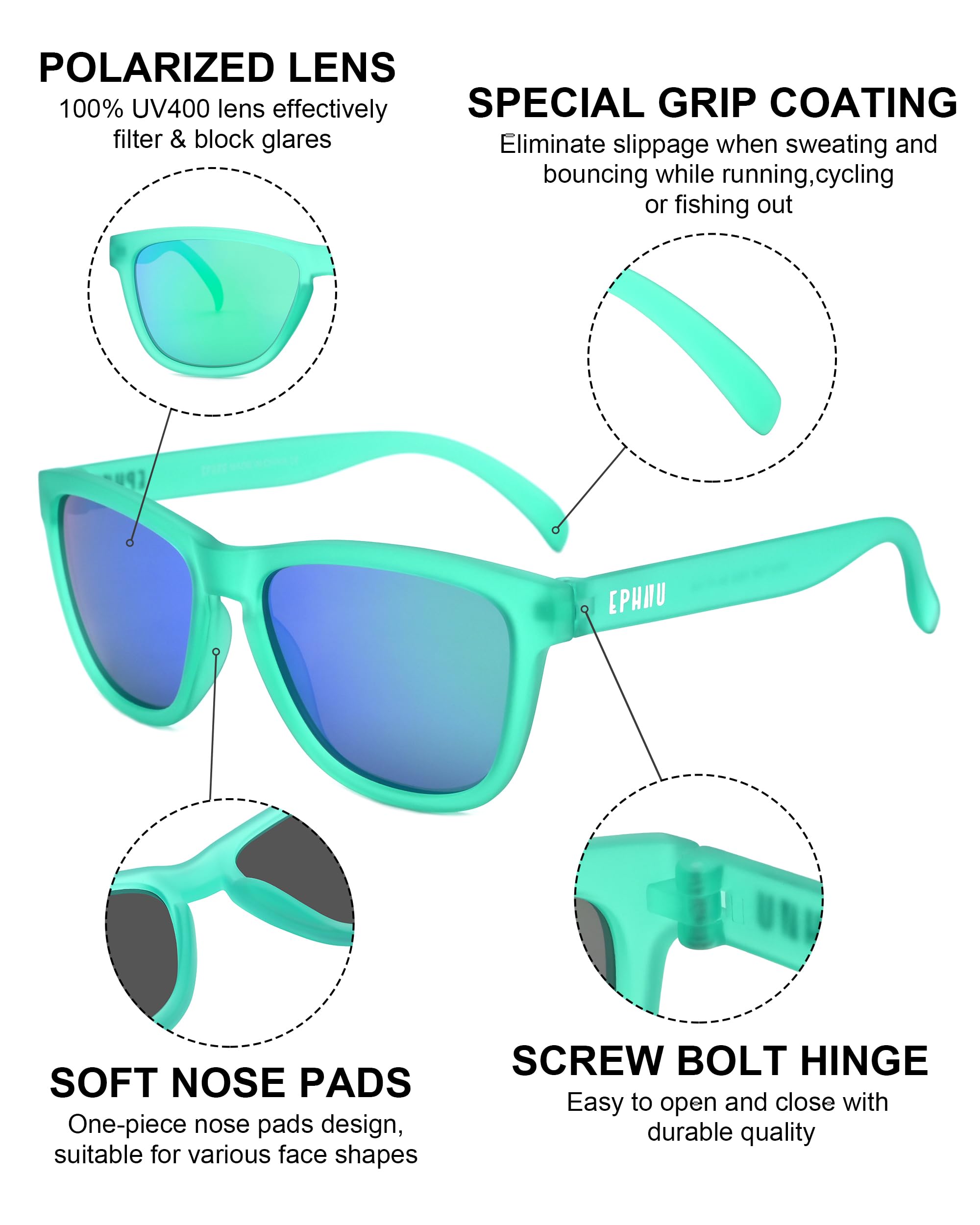 EPHIU Square Sports Polarized Sunglasses for Women and Men Mirror Lens Beach Sunglasses No Bounce No Slip for Running Cycling Fishing