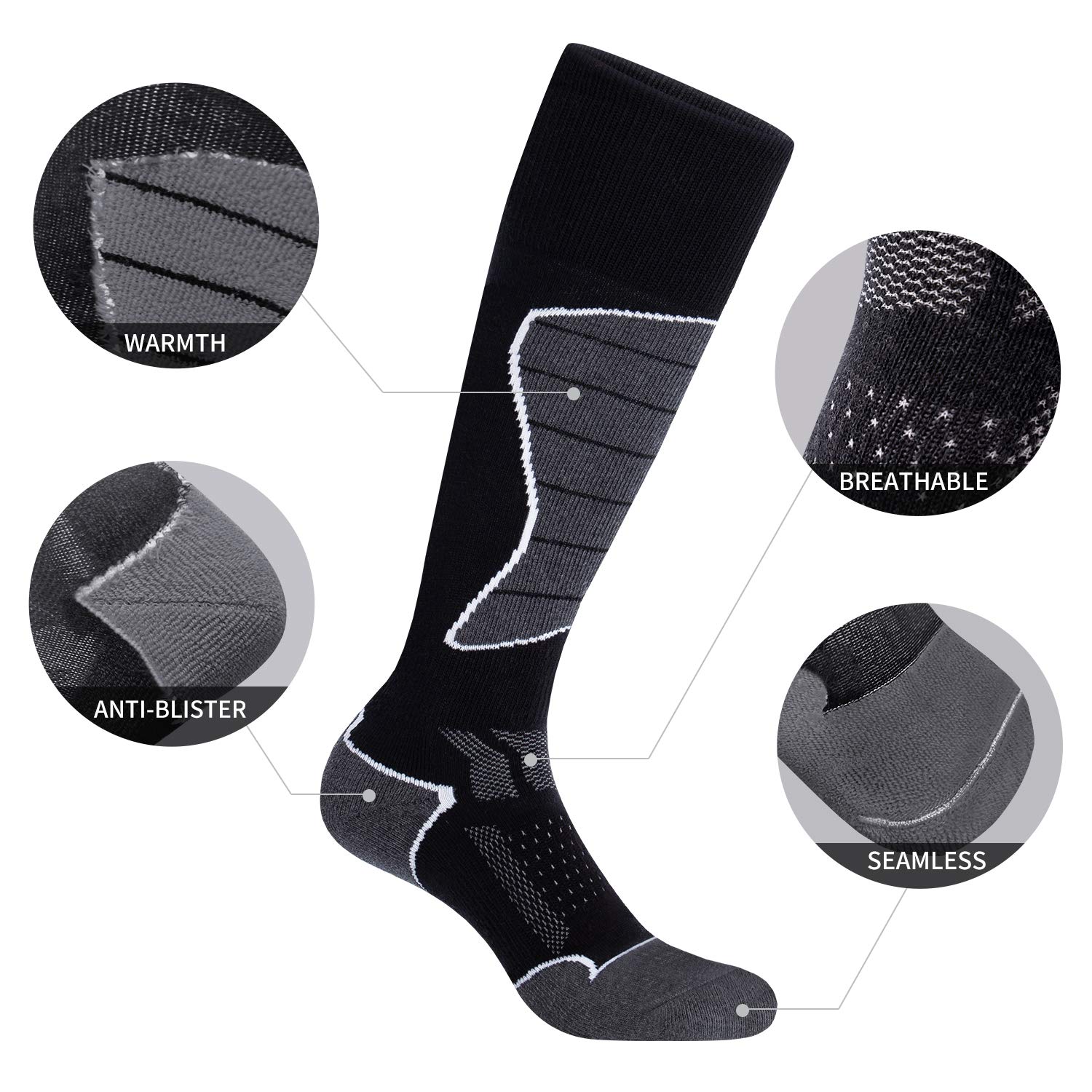 CelerSport 2 Pack Women's Ski Socks for Skiing, Snowboarding, Cold Weather, Warm Thermal Socks Winter Performance Socks, Black+Dark Grey, Medium