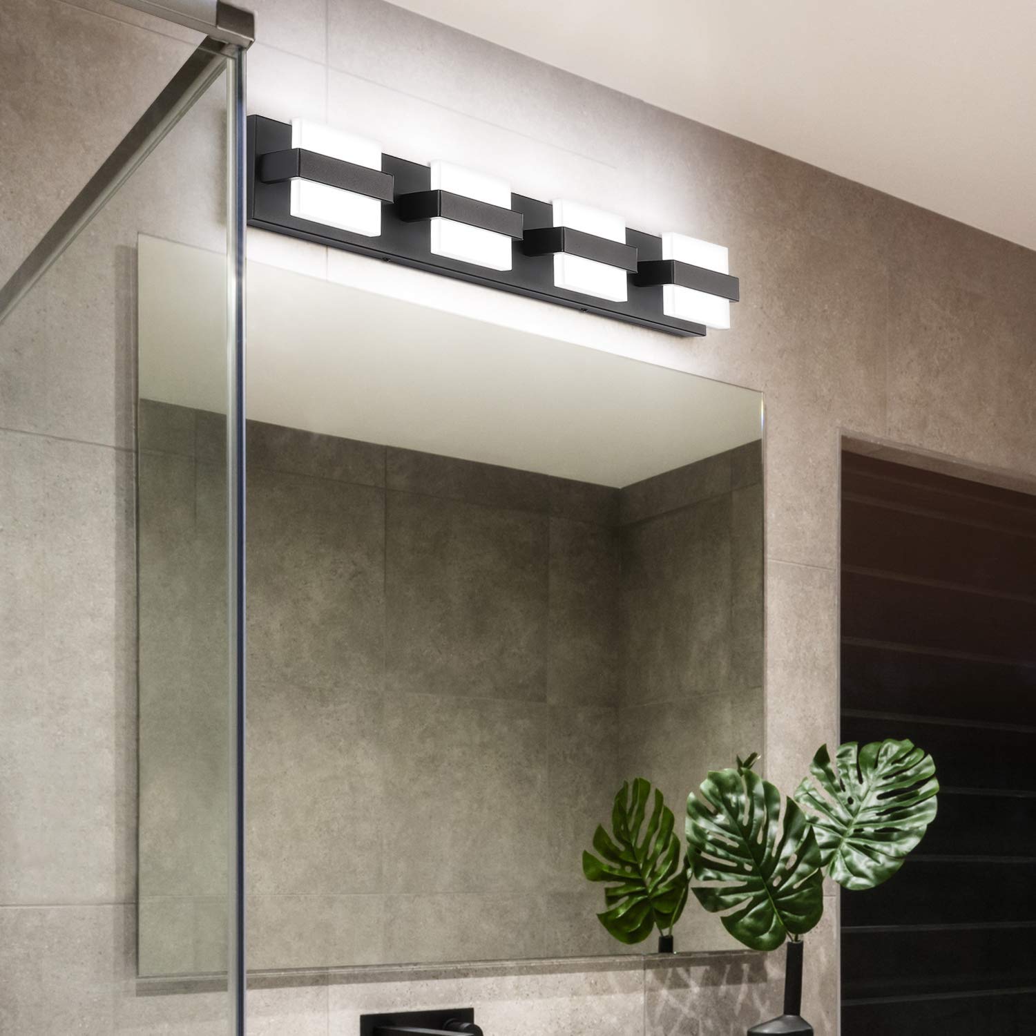 SOLFART Dimmable LED Bathroom Modern Vanity Lights Over Mirror 4 Lights Acrylic Black Bath Wall Lighting(7248-4T-WHL-BK)