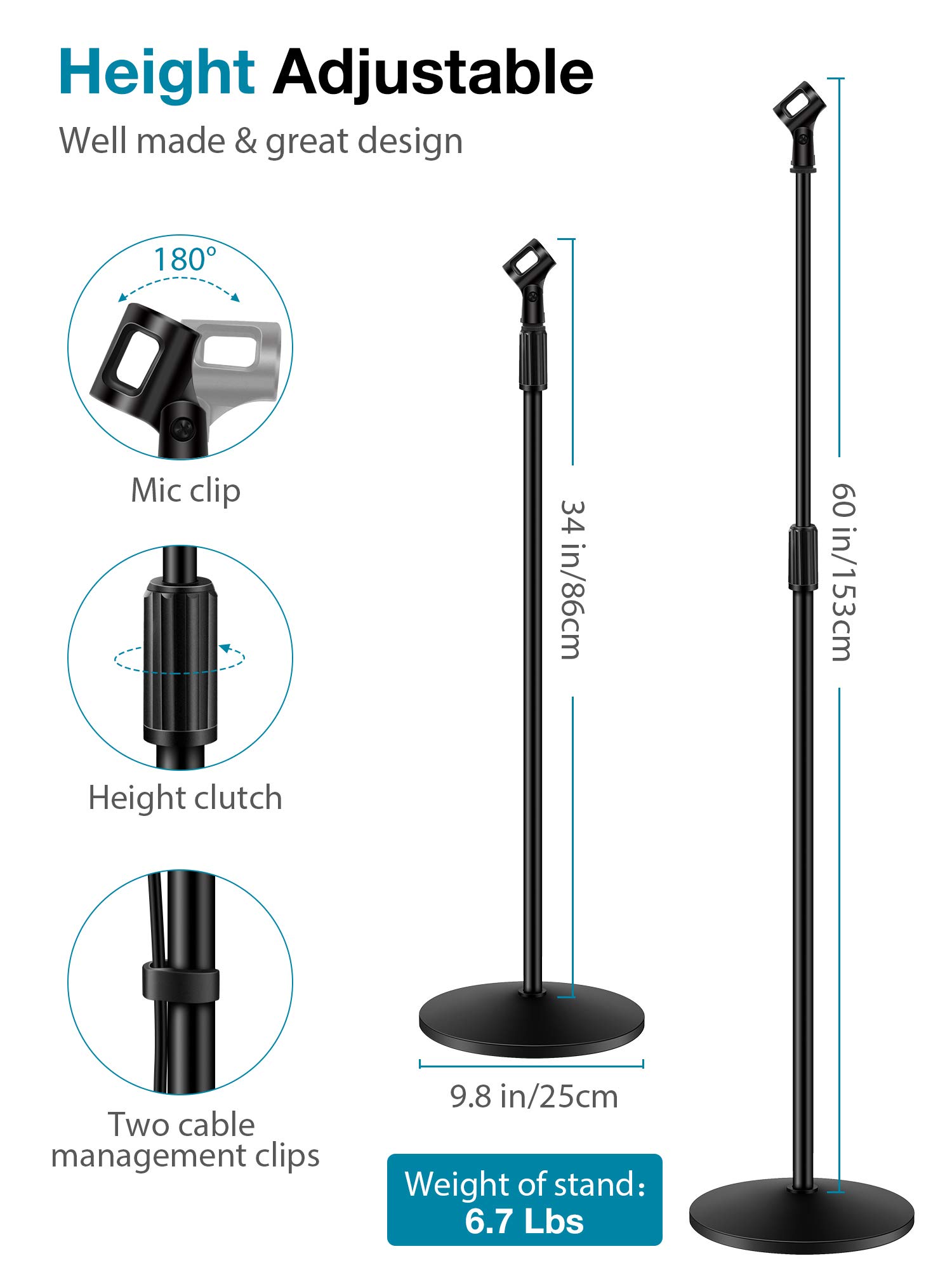 InnoGear Mic Stand, Microphone Stand Floor Detachable Boom Mic Arm Stands with Weighted Round Base, Height Adjustable from 34" to 60" for Blue Yeti HyperX QuadCast Shure SM58 Samson Q2U Fifine K669B