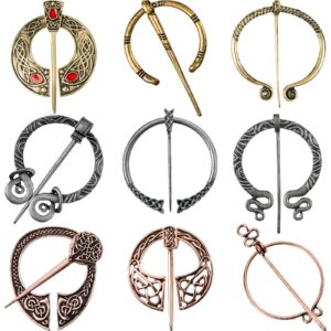 9 pieces vintage viking brooch cloak pin scarf shawl buckle clasp pin brooch penannular brooch for costume accessory, antique silver, gold, rose gold (classic style)