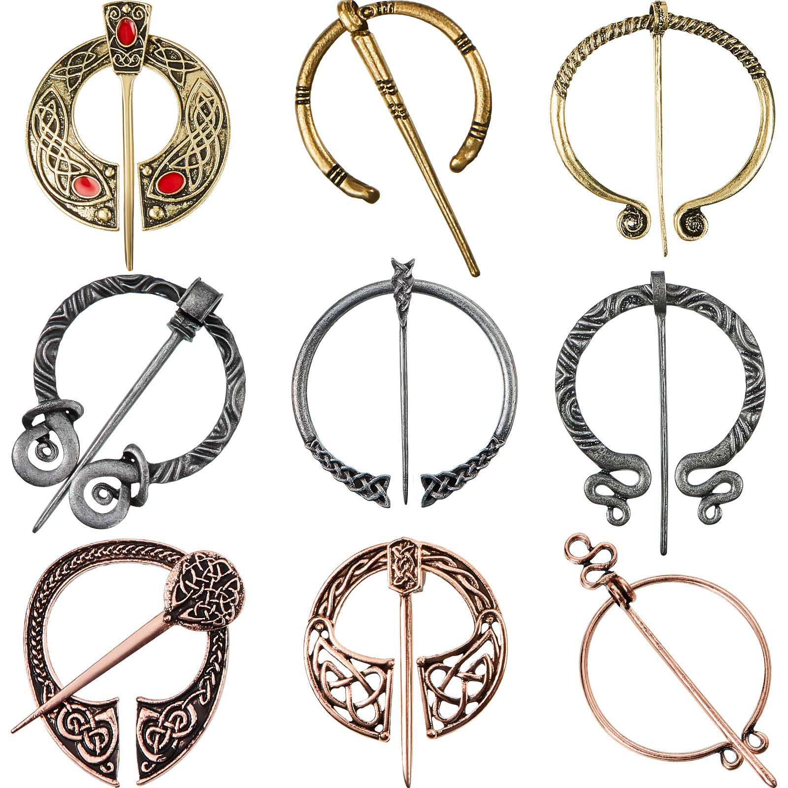 9 Pieces Vintage Viking Brooch Cloak Pin Scarf Shawl Buckle Clasp Pin Brooch Penannular Brooch for Costume Accessory, Antique Silver, Gold, Rose Gold (Classic Style)