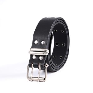 Yalice Double Grommet Leather Belts for Women Star Studded Belt for Jeans Pants Punk Waist Belt for Men (Black)