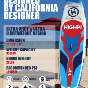 HIGHPI Inflatable Paddle Boards, 11'x33''x6'' SUP for Adults&Youth, Stand Up Paddle Boards with Accessories, Anti-Slip Deck, Stable Durable Lightweight, Suitable for Yoga Fishing Traveling