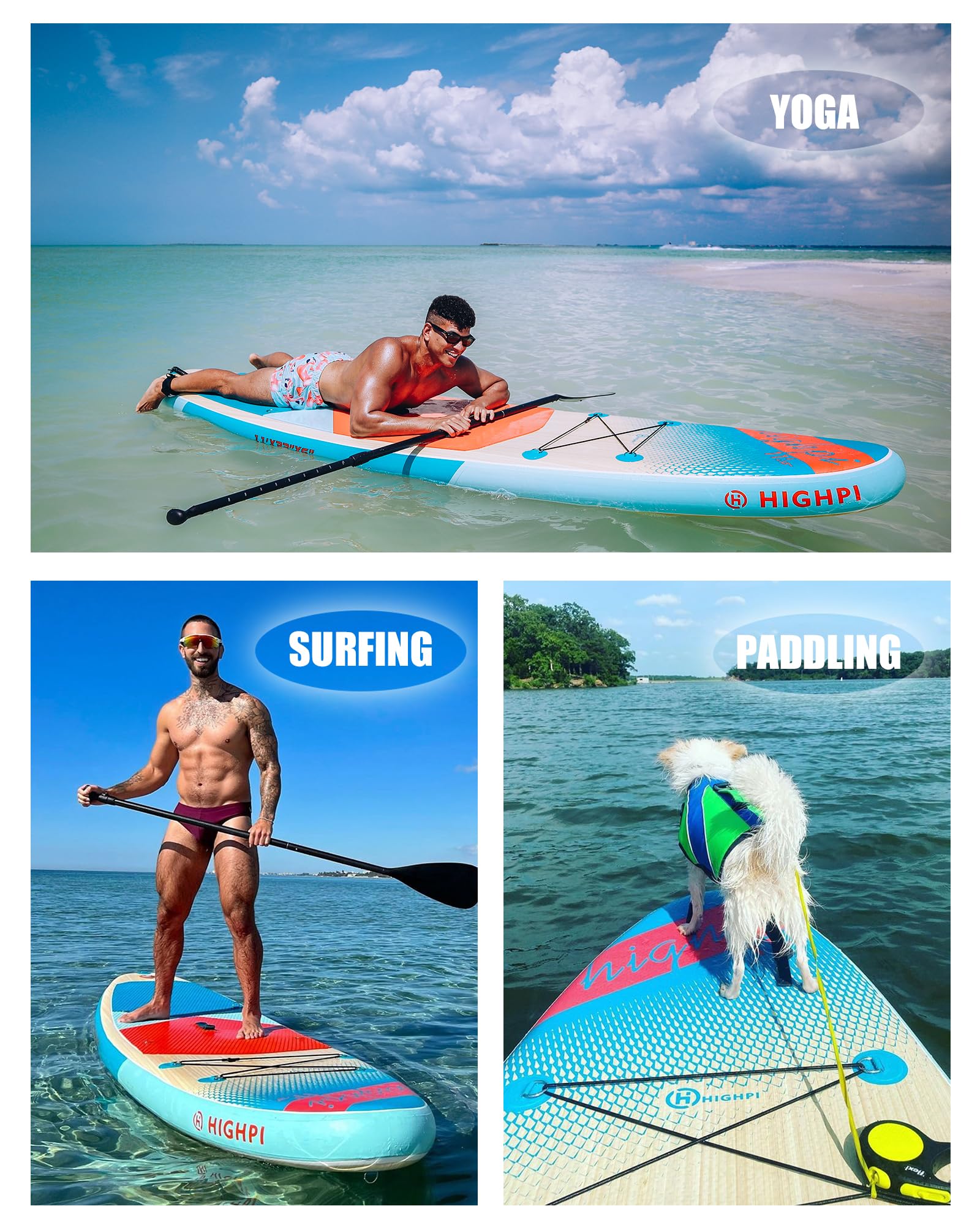 HIGHPI Inflatable Stand Up Paddle Board 11'x33''x6'' Premium SUP W Accessories & Backpack, Wide Stance, Surf Control, Non-Slip Deck, Leash, Paddle and Pump, Standing Boat for Youth & Adult