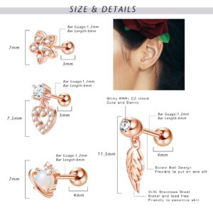 Drperfect Cartilage Earrings for Women 16G 316L Stainless Steel CZ Dangle Helix Tragus Cartilage Stud Ear Piercing Jewelry