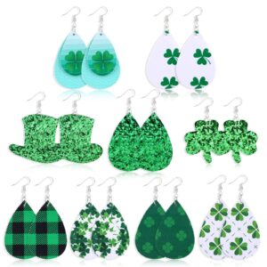 HOWAF St Patrick's Day Faux Leather Earrings for Women Shamrock Clover Leather Earrings Lightweight Saint Patrick's Day Green Petal Leaf Teardrop Earrings Set