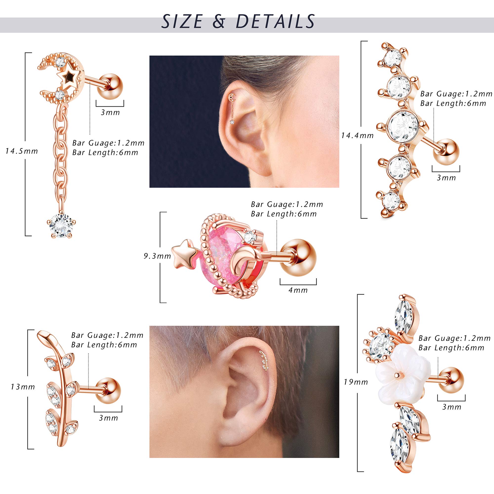 Drperfect Cartilage Earrings for Women 16G 316L Stainless Steel CZ Dangle Helix Tragus Cartilage Stud Ear Piercing Jewelry