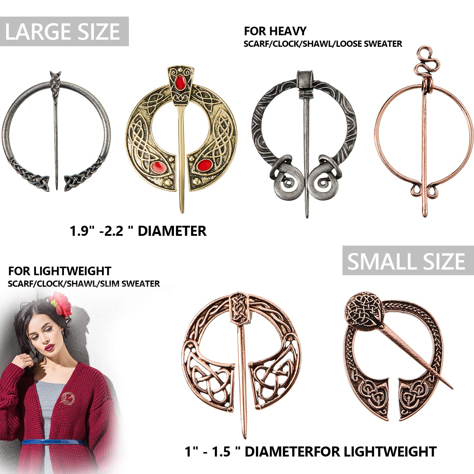 9 Pieces Vintage Viking Brooch Cloak Pin Scarf Shawl Buckle Clasp Pin Brooch Penannular Brooch for Costume Accessory, Antique Silver, Gold, Rose Gold (Classic Style)