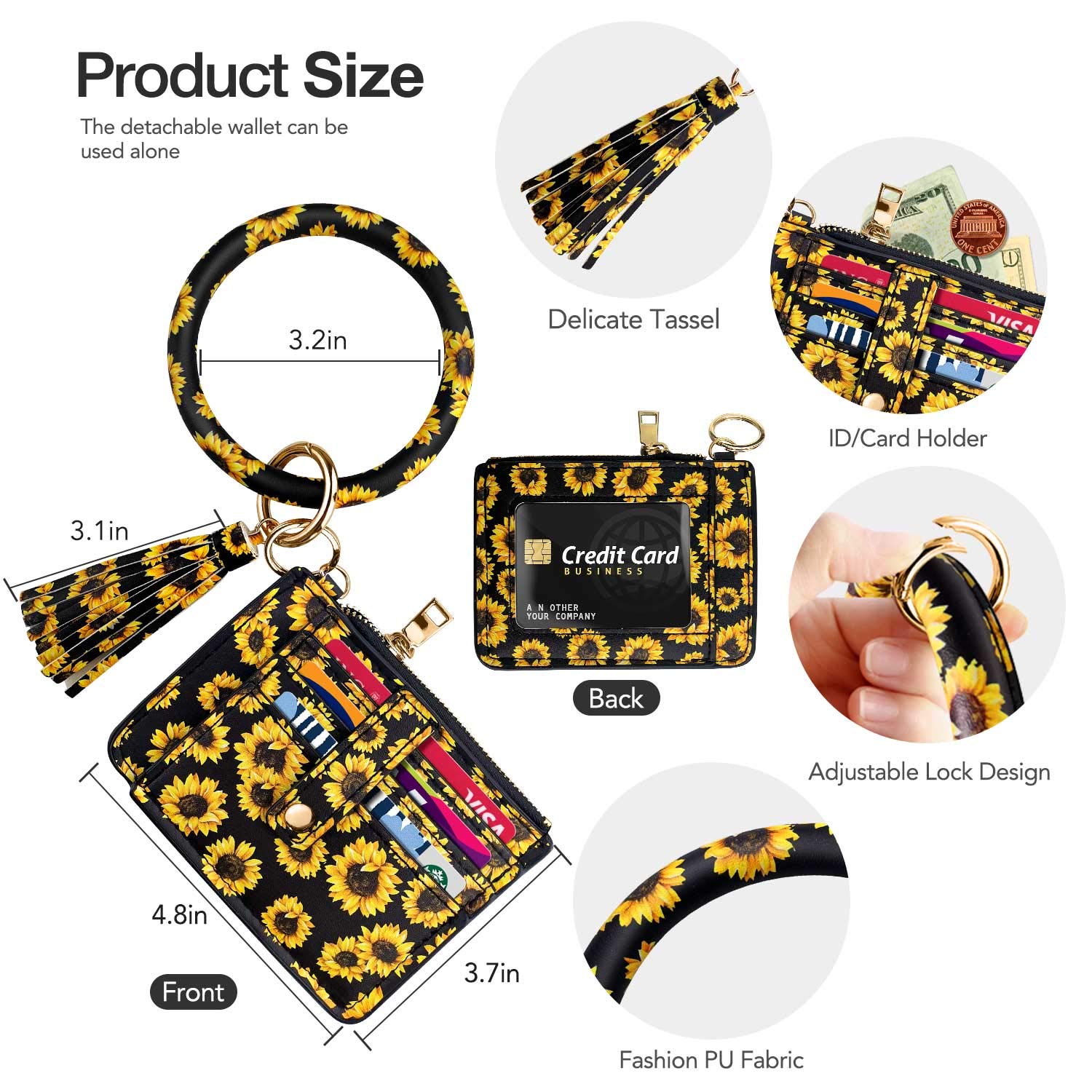 Sunflower Wallet Wristlet Circle Key Ring Bangle Card Pocket Zippered Sunflower Purse Sunflower Keychain Chapstick Holder for Car (Sunflower)