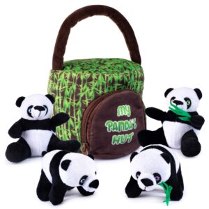 my talking plush panda’s hut plush toy set | includes 4 talking soft plush pandas | with a plush panda hut shaped carrier | great gift for baby and toddler boys or girls