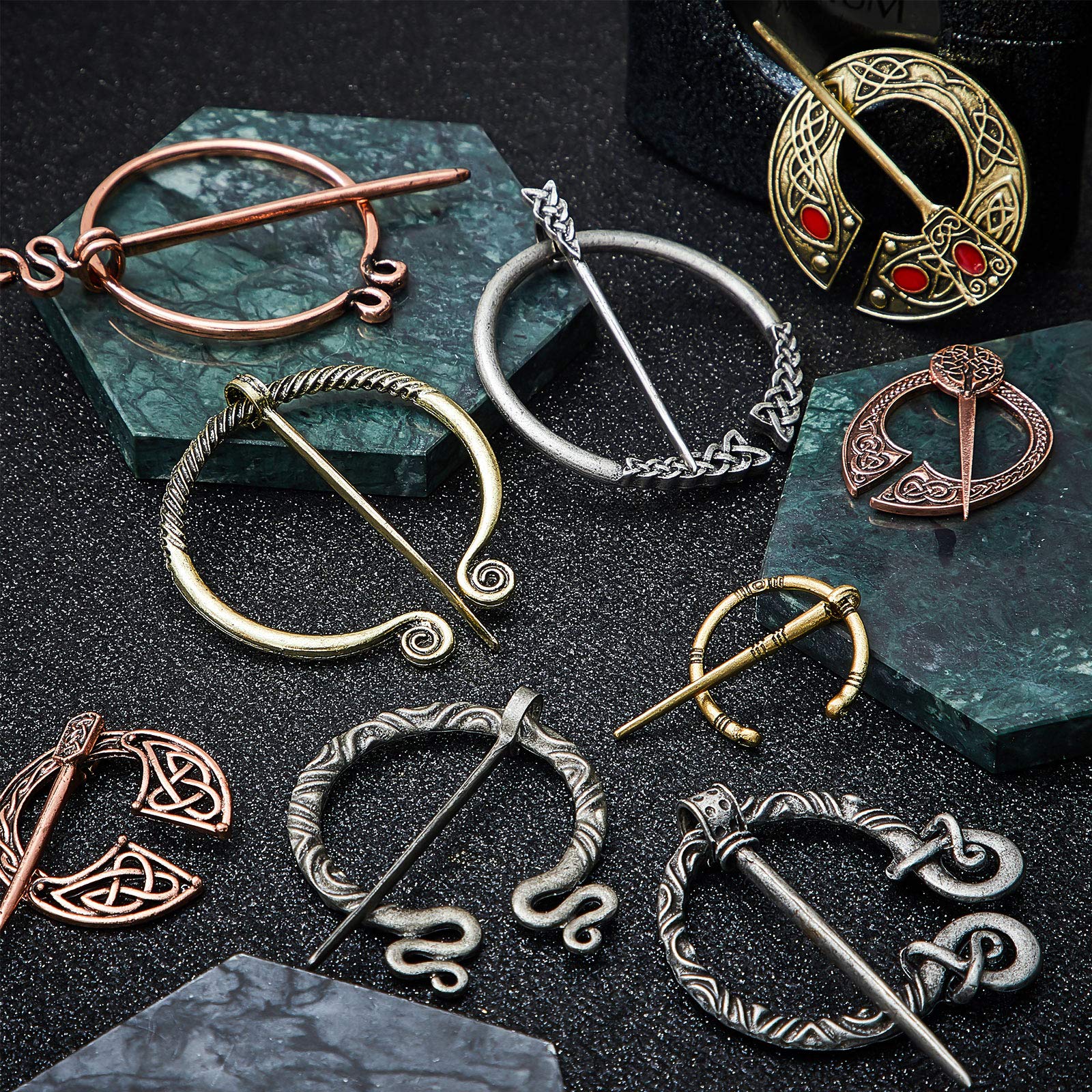 9 Pieces Vintage Viking Brooch Cloak Pin Scarf Shawl Buckle Clasp Pin Brooch Penannular Brooch for Costume Accessory, Antique Silver, Gold, Rose Gold (Classic Style)