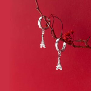 Fashion Eiffel Tower Dangle Drop Hoop Earrings S925 Sterling Silver Cubic Zirconia Crystal Dangling Charm Round Huggie Hoops Earring 10mm Studs Cute Jewelry Gifts for Women Sensitive Ears