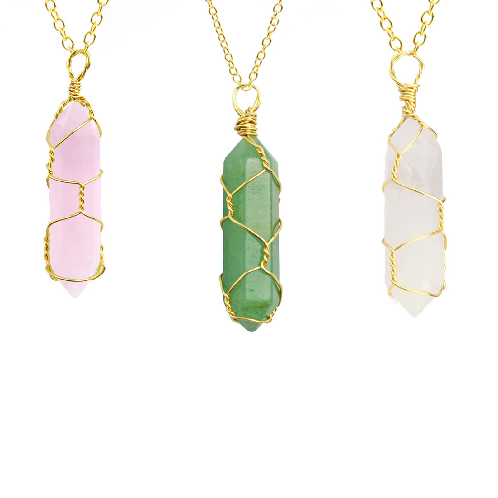 6 Pcs Hexagonal Crystal Pointed Quartz Natural Colorful Wire Wrapped Gemstone Stone Pendant Adjustable Necklace Friendship Couple Jewelry for Women-gold