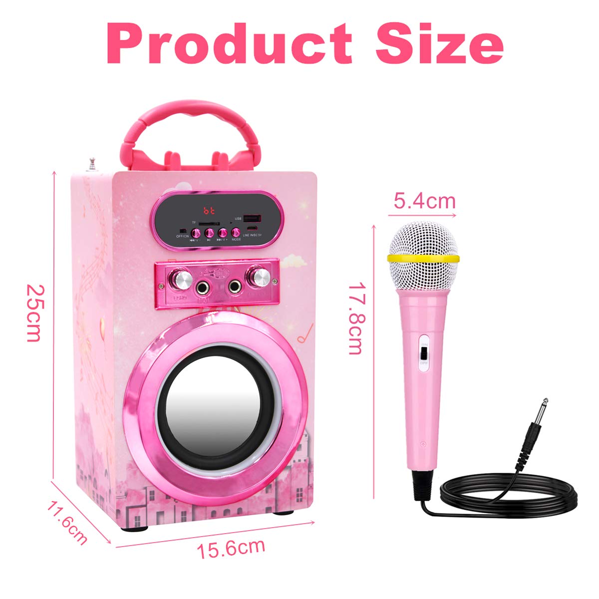 Kidsonor Kids Bluetooth Karaoke Machine with 2 Microphones, Wireless Rechargeable Remote Control Portable Karaoke Speaker Music MP3 Player Loudspeaker with Microphones for Kids (Pink)