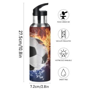 Space Fire Water Soccer Water Bottle Vacuum Insulated Stainless Steel Thermos Mug Kids Water Bottle with Straw and Handle Keep Hot Cold Sport Bike Fit Travel Outdoor 20 oz