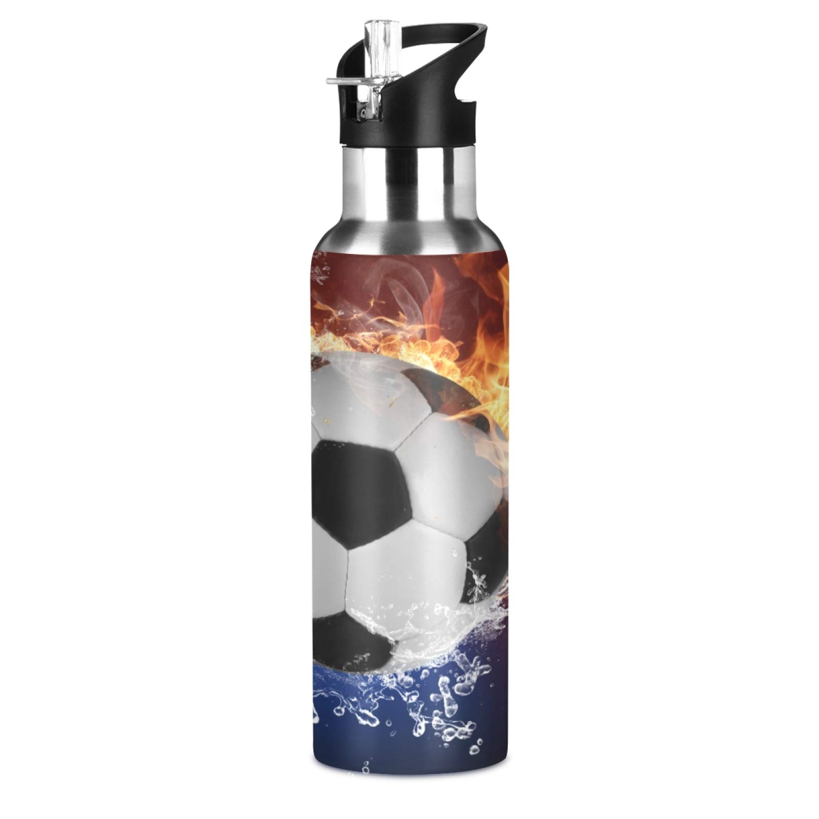 Space Fire Water Soccer Water Bottle Vacuum Insulated Stainless Steel Thermos Mug Kids Water Bottle with Straw and Handle Keep Hot Cold Sport Bike Fit Travel Outdoor 20 oz